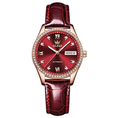 OLEVS 6637 Ceramic Automatic Mechanical Watch for Women - Leather Burgundy Watch | Olevs Watch Store