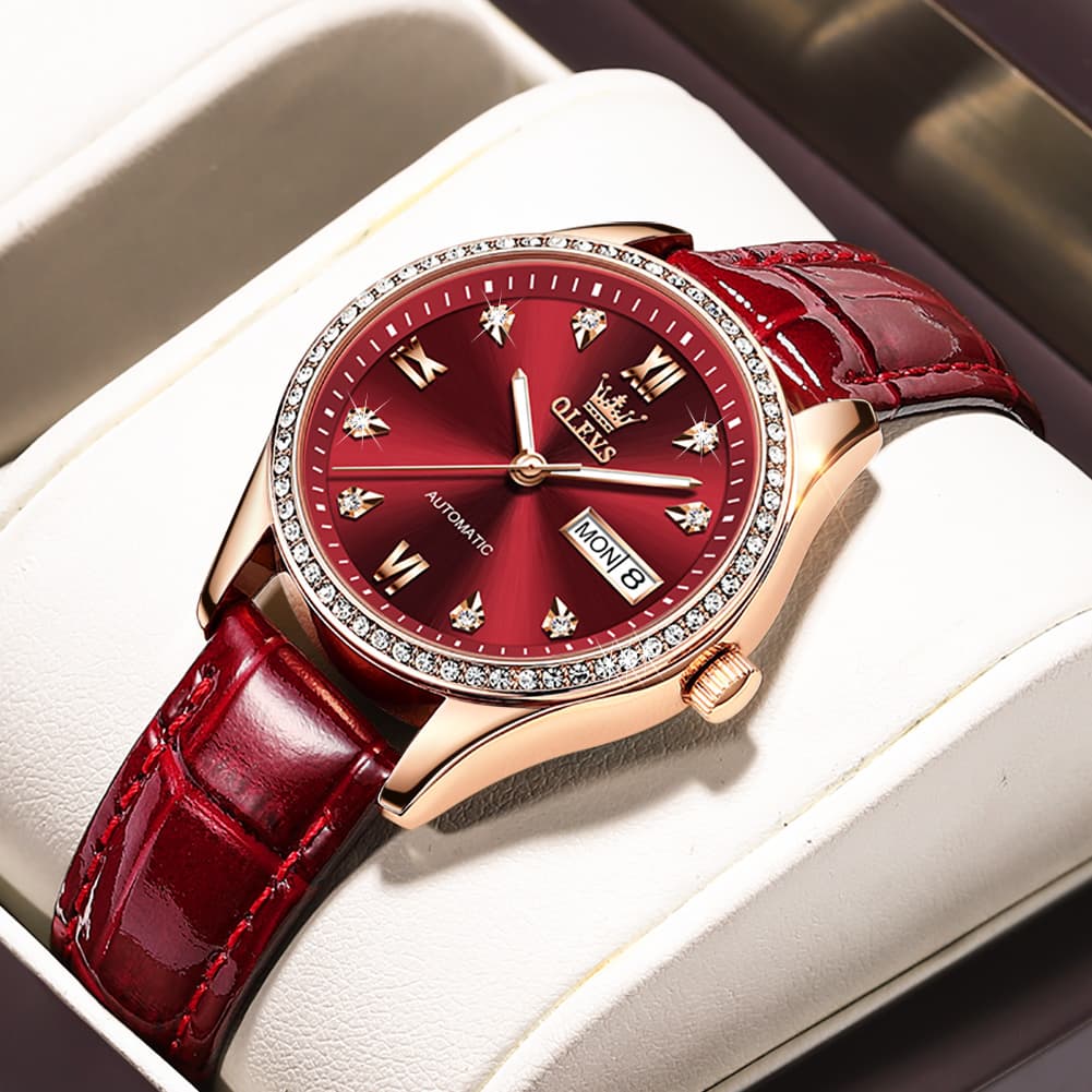 OLEVS 6637 Ceramic Automatic Mechanical Watch for Women - Leather Red Watch | Olevs Watch Store