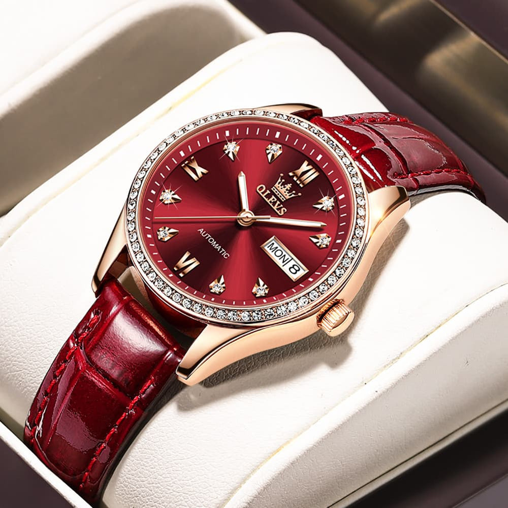 OLEVS 6637 Ceramic Automatic Mechanical Watch for Women - Leather Red Watch | Olevs Watch Store