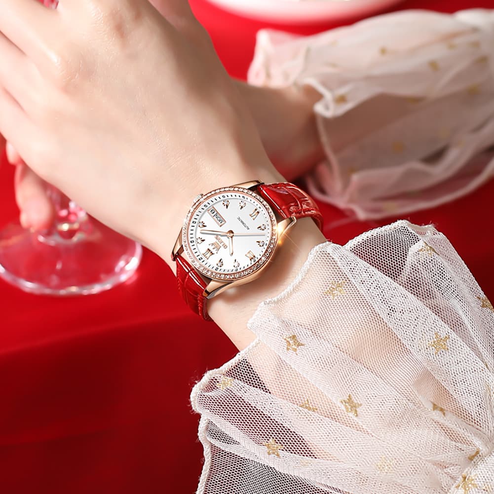 OLEVS 6637 Ceramic Automatic Mechanical Watch for Women - Leather Red Watch | Olevs Watch Store