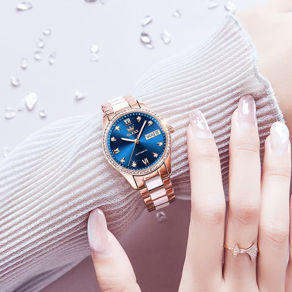 OLEVS 6637 Ceramic Automatic Mechanical Watch for Women - Leather Red Watch | Olevs Watch Store