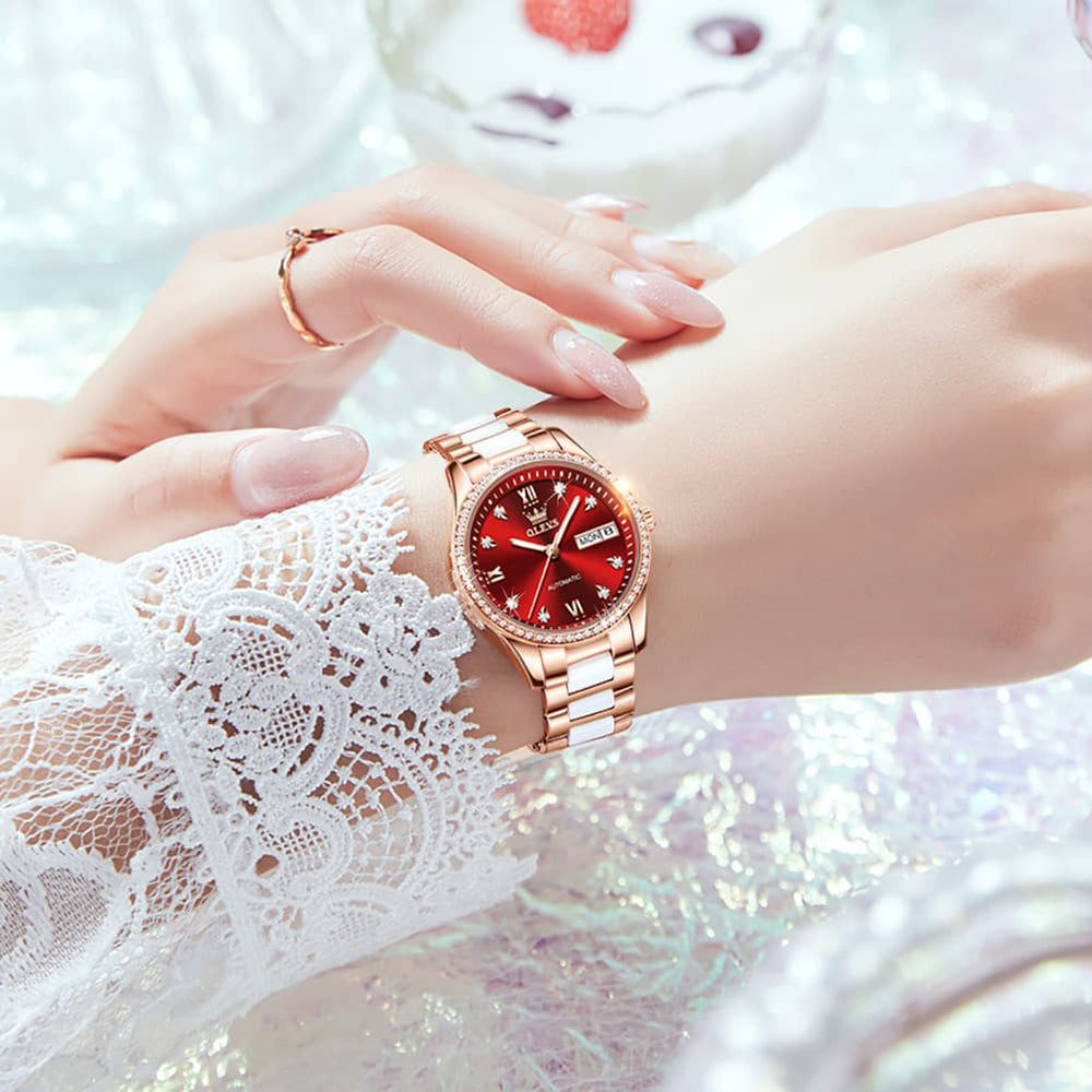 OLEVS 6637 Ceramic Automatic Mechanical Watch for Women - Leather Red Watch | Olevs Watch Store