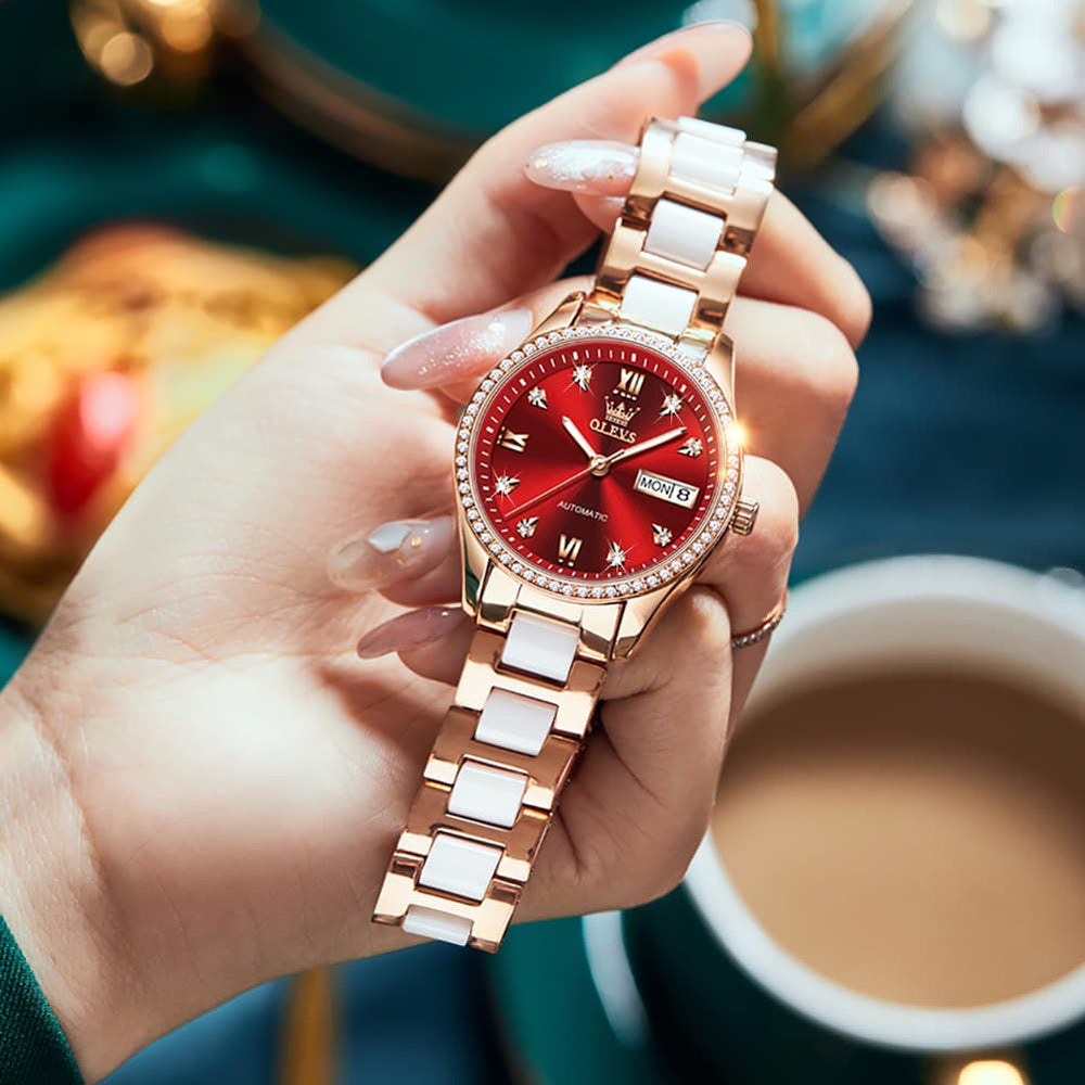 OLEVS 6637 Ceramic Automatic Mechanical Watch for Women - Leather Red Watch | Olevs Watch Store
