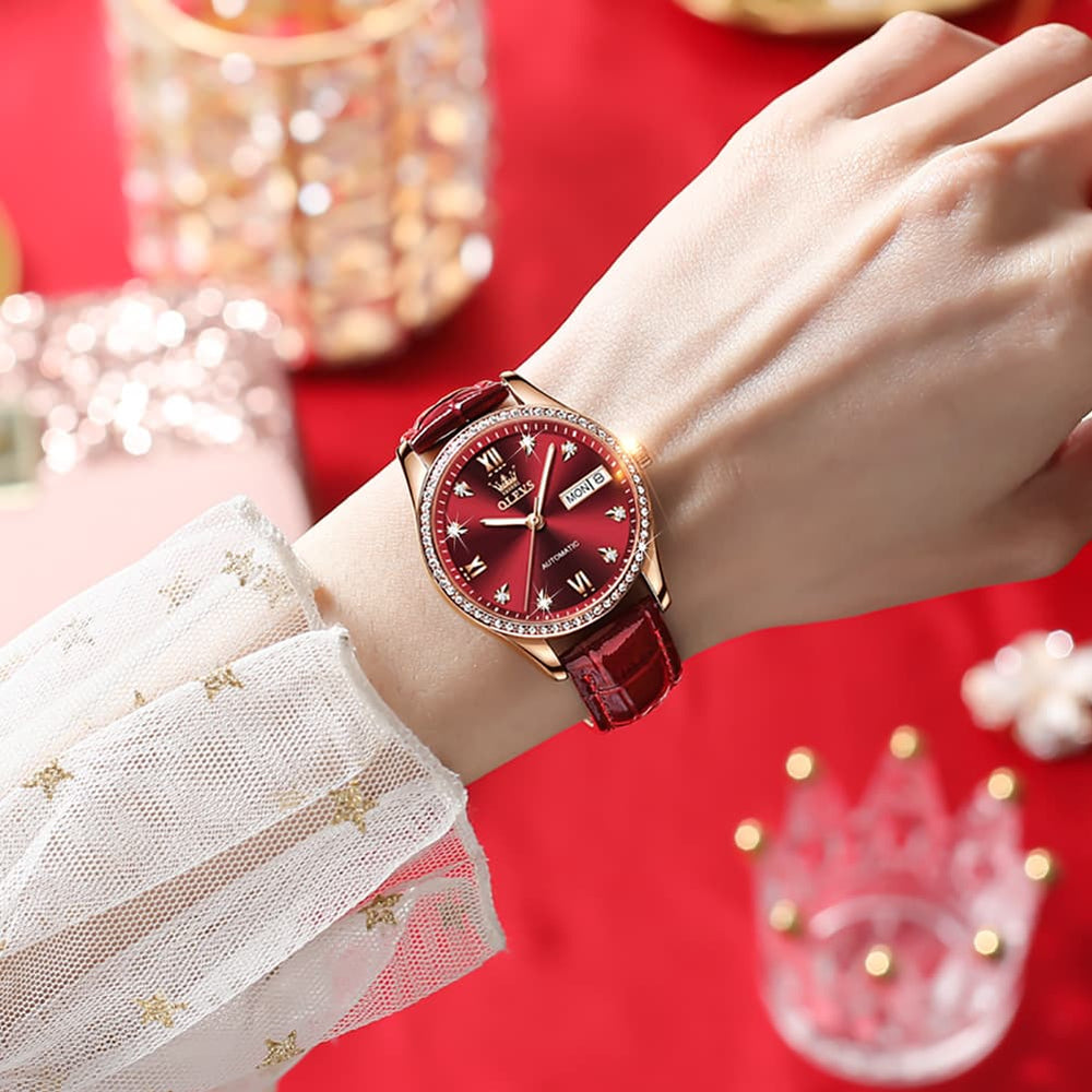 OLEVS 6637 Ceramic Automatic Mechanical Watch for Women - Leather Red Watch | Olevs Watch Store