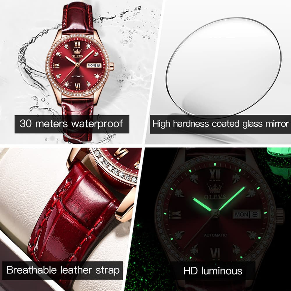 OLEVS 6637 Ceramic Automatic Mechanical Watch for Women - Leather Red Watch | Olevs Watch Store