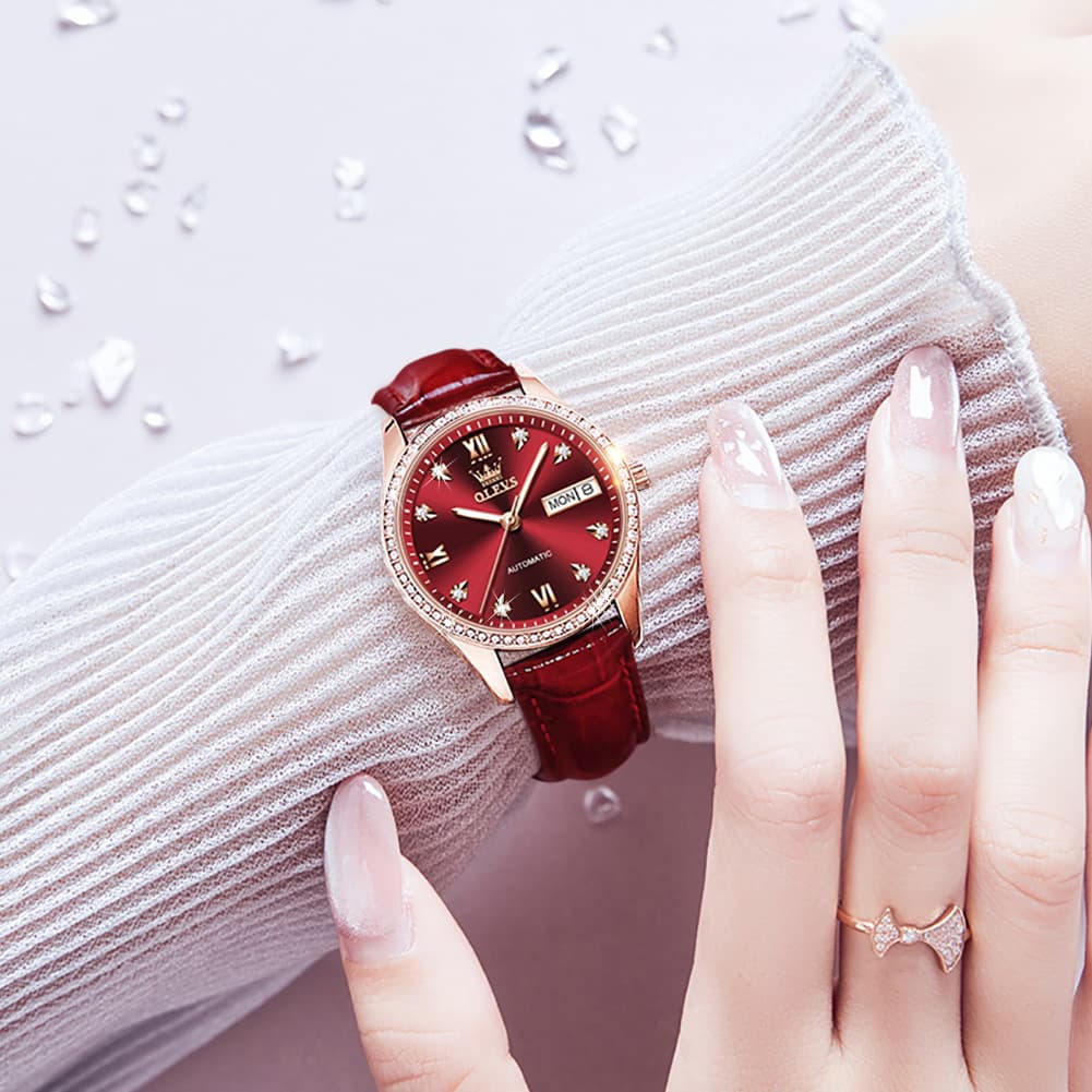 OLEVS 6637 Ceramic Automatic Mechanical Watch for Women - Leather Red Watch | Olevs Watch Store