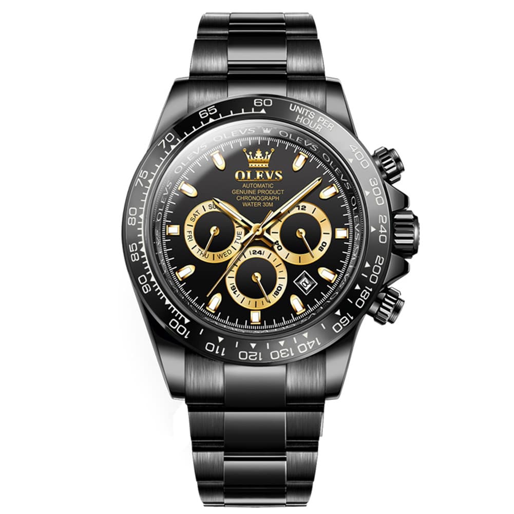 OLEVS 6638 Stainless Steel Chronograph Tachymeter Watch for Men - Gold Black Watch | Olevs Watch Store