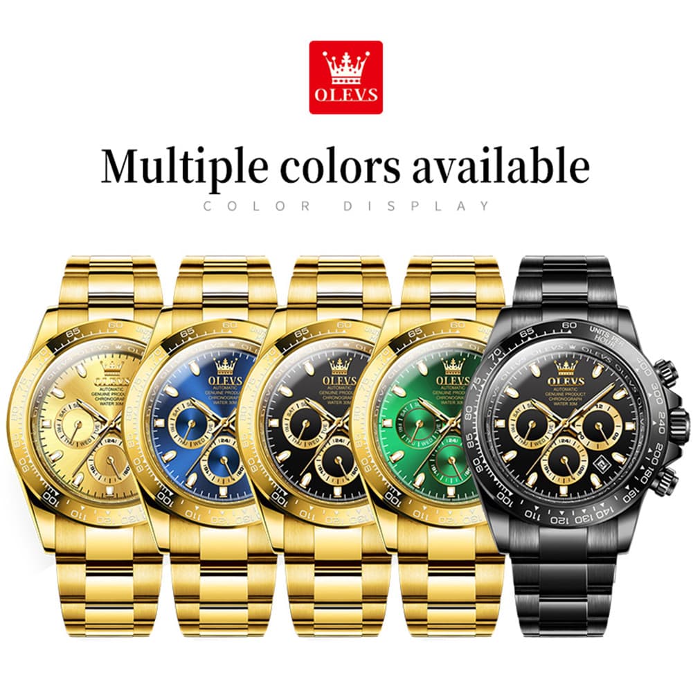 OLEVS 6638 Stainless Steel Chronograph Tachymeter Watch for Men - Gold Blue Watch | Olevs Watch Store