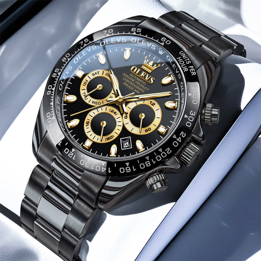 OLEVS 6638 Stainless Steel Chronograph Tachymeter Watch for Men - Gold Blue Watch | Olevs Watch Store