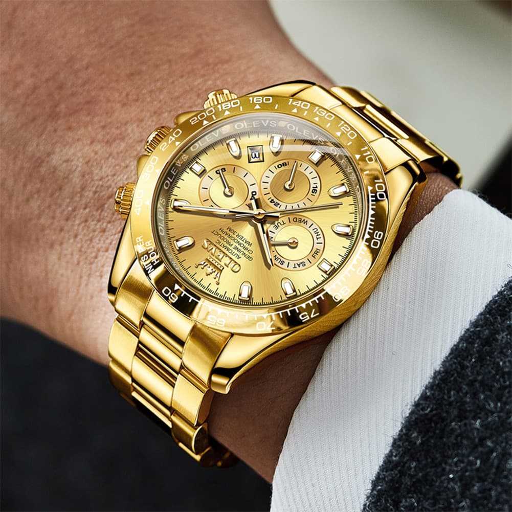 OLEVS 6638 Stainless Steel Chronograph Tachymeter Watch for Men - Gold Blue Watch | Olevs Watch Store