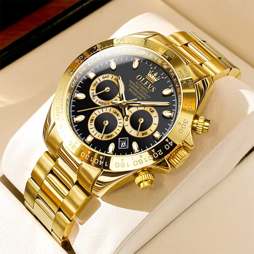 OLEVS 6638 Stainless Steel Chronograph Tachymeter Watch for Men - Gold Blue Watch | Olevs Watch Store