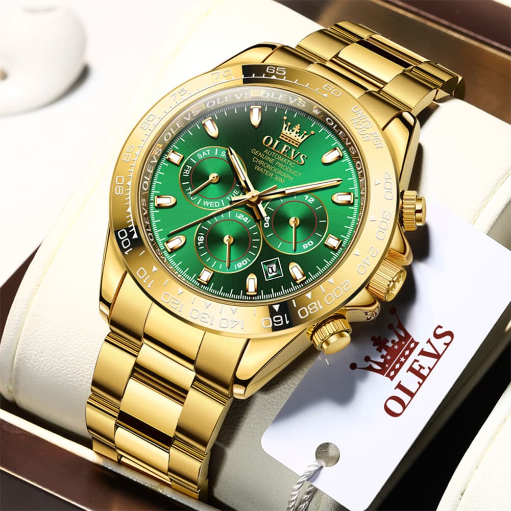 OLEVS 6638 Stainless Steel Chronograph Tachymeter Watch for Men - Gold Blue Watch | Olevs Watch Store