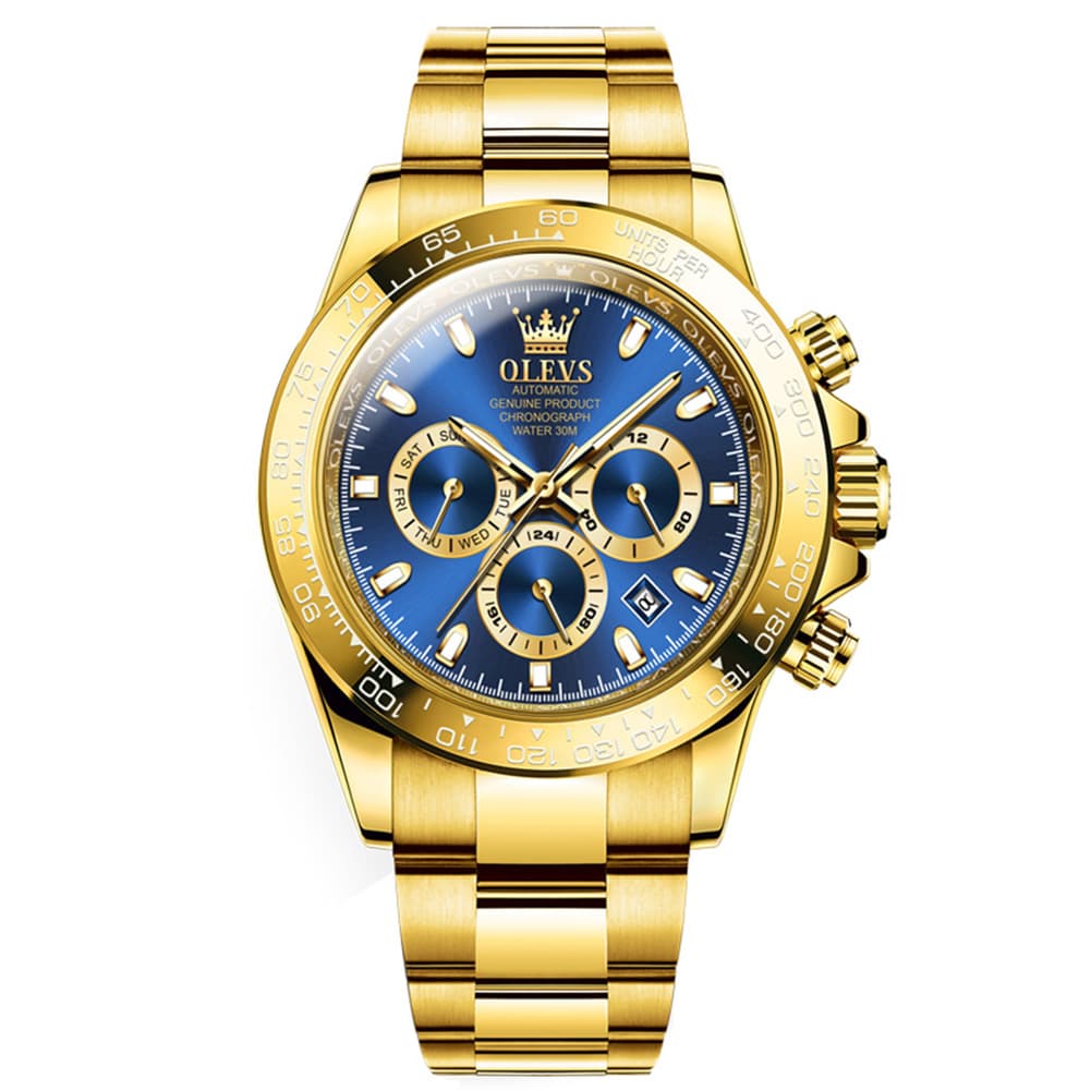 OLEVS 6638 Stainless Steel Chronograph Tachymeter Watch for Men - Gold Blue Watch | Olevs Watch Store