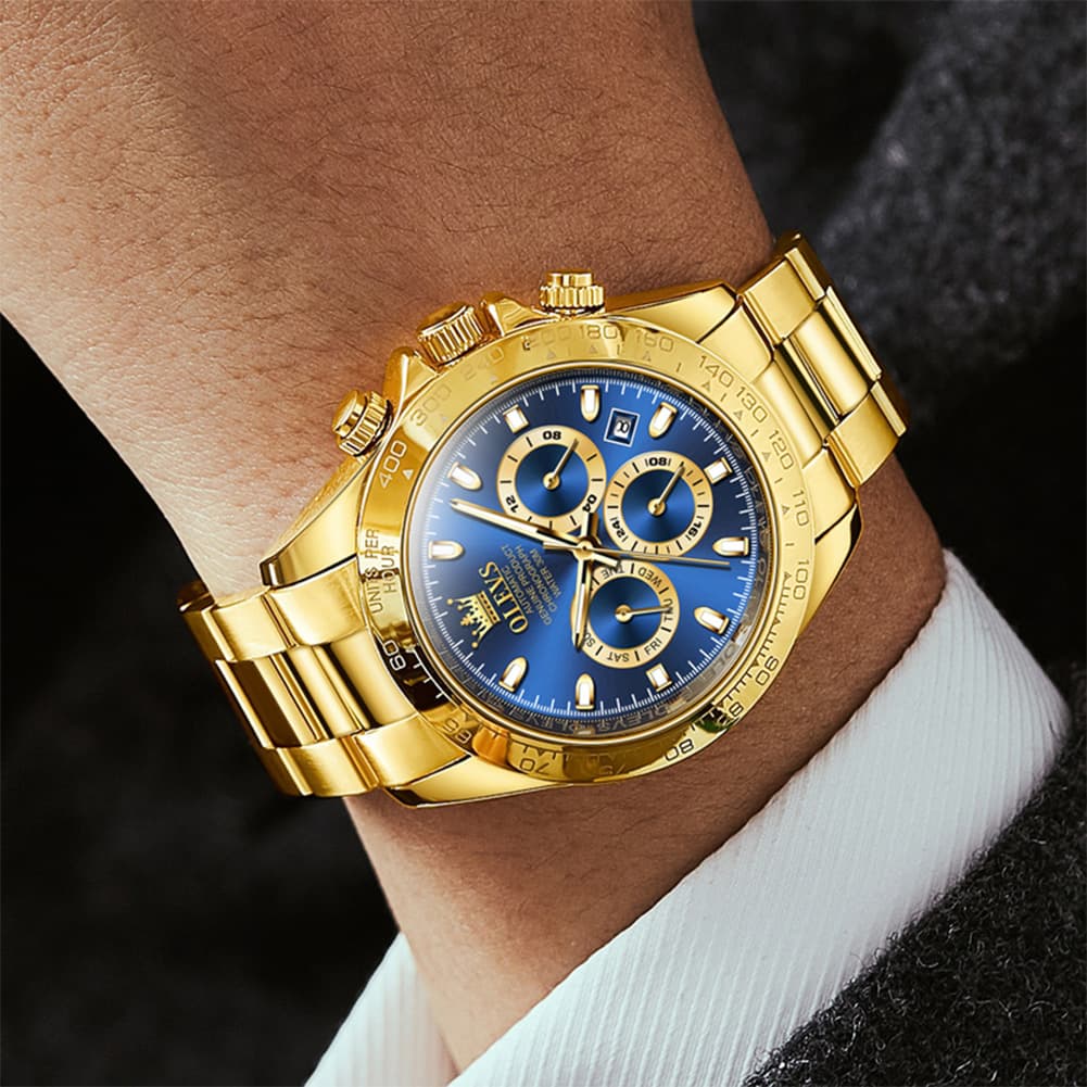 OLEVS 6638 Stainless Steel Chronograph Tachymeter Watch for Men - Gold Blue Watch | Olevs Watch Store