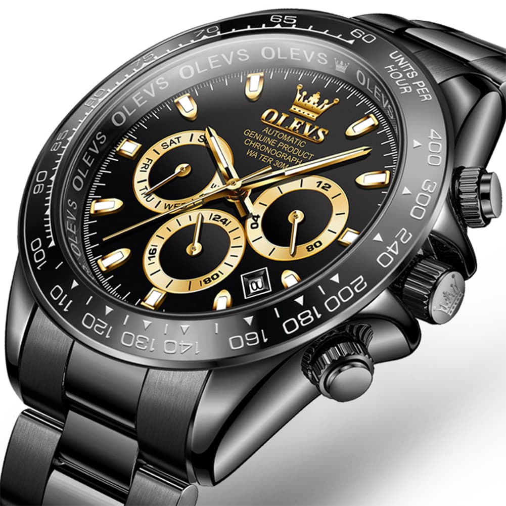 OLEVS 6638 Stainless Steel Chronograph Tachymeter Watch for Men - Gold Blue Watch | Olevs Watch Store