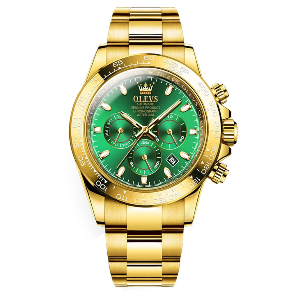 OLEVS 6638 Stainless Steel Chronograph Tachymeter Watch for Men - Gold Green Watch | Olevs Watch Store