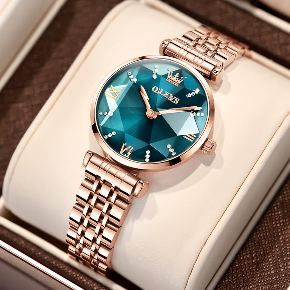 OLEVS 6642 Prism Cut Crystal Watch Rose Gold Stainless Steel Japan Quartz Timepiece for Women - Olevs Watch Store