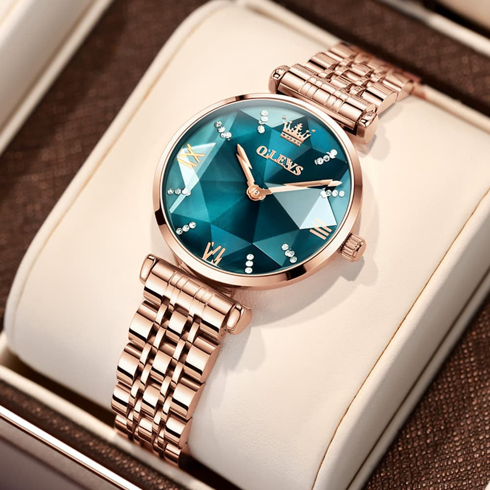 OLEVS 6642 Prism Cut Crystal Watch Rose Gold Stainless Steel Japan Quartz Timepiece for Women - Olevs Watch Store