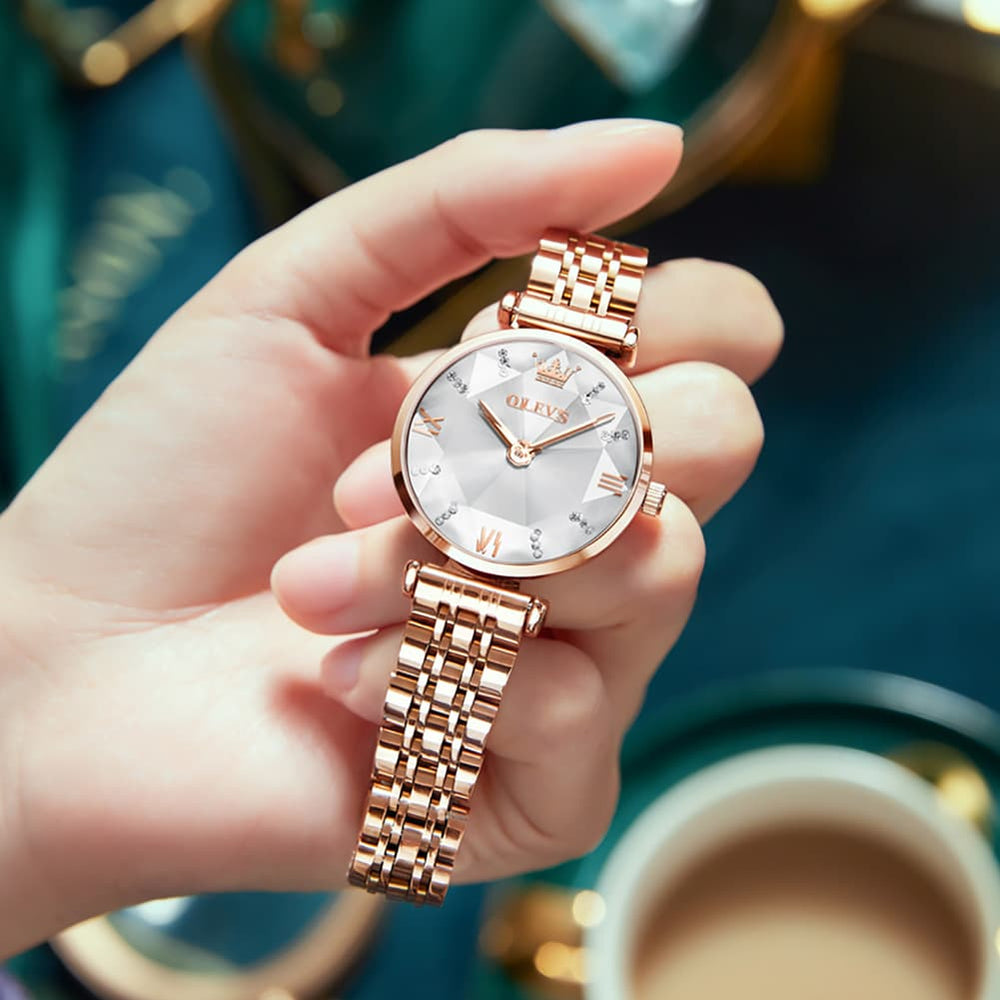 OLEVS 6642 Prism Cut Crystal Watch Rose Gold Stainless Steel Japan Quartz Timepiece for Women - Olevs Watch Store