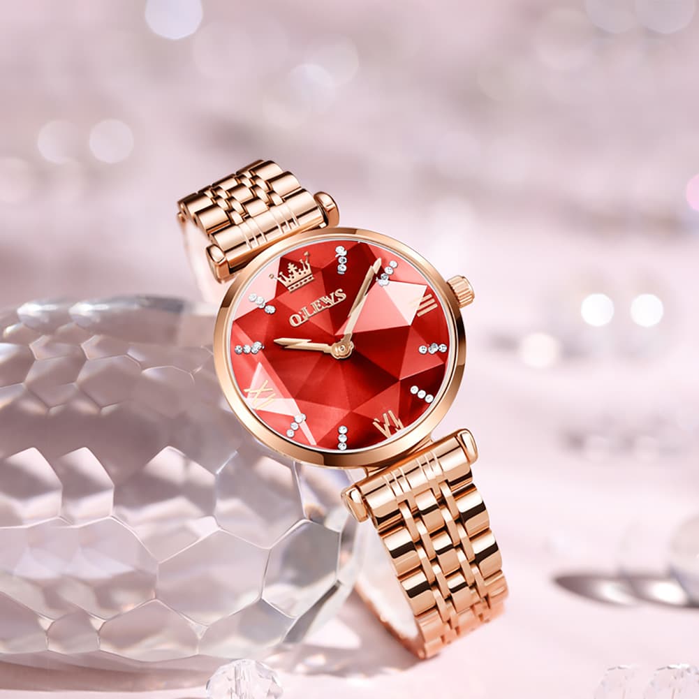 OLEVS 6642 Prism Cut Crystal Watch Rose Gold Stainless Steel Japan Quartz Timepiece for Women - Olevs Watch Store