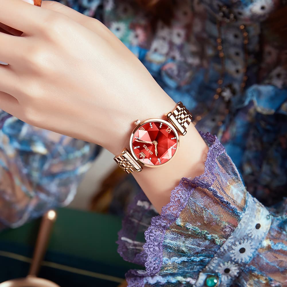 OLEVS 6642 Prism Cut Crystal Watch Rose Gold Stainless Steel Japan Quartz Timepiece for Women - Olevs Watch Store