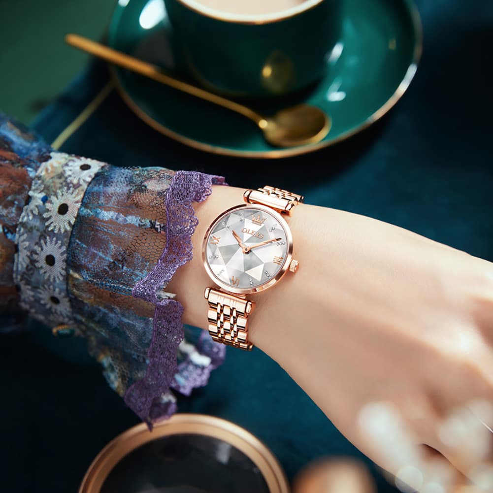 OLEVS 6642 Prism Cut Crystal Watch Rose Gold Stainless Steel Japan Quartz Timepiece for Women - Olevs Watch Store