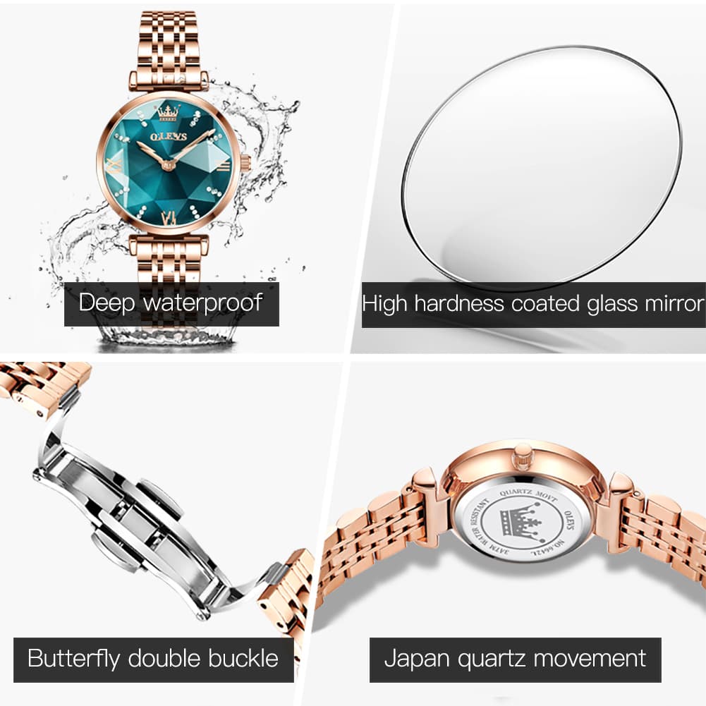 OLEVS 6642 Prism Cut Crystal Watch Rose Gold Stainless Steel Japan Quartz Timepiece for Women - Olevs Watch Store