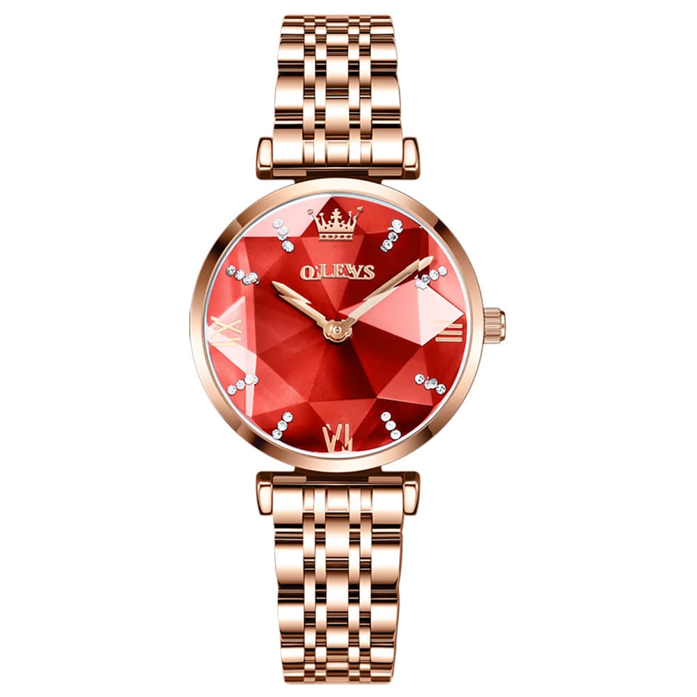 OLEVS 6642 Prism Cut Crystal Watch Rose Gold Stainless Steel Japan Quartz Timepiece for Women - Olevs Watch Store