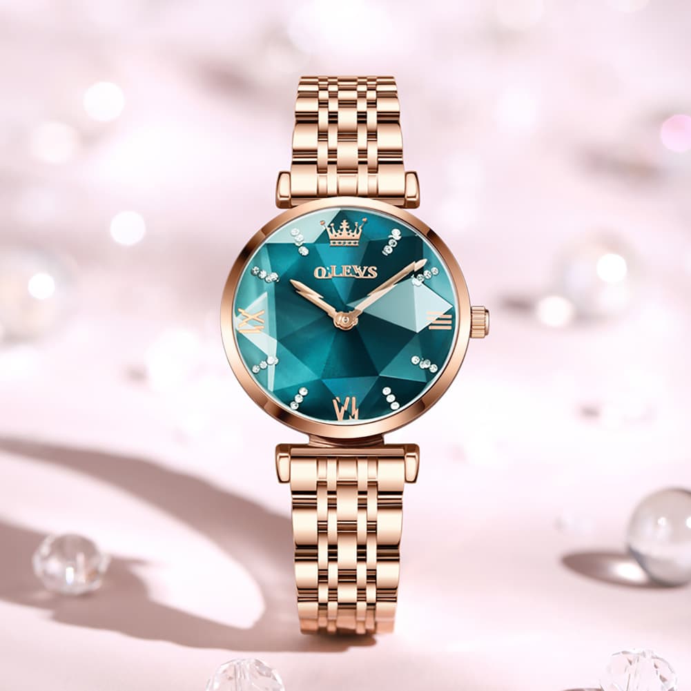 OLEVS 6642 Prism Cut Crystal Watch Rose Gold Stainless Steel Japan Quartz Timepiece for Women - Olevs Watch Store