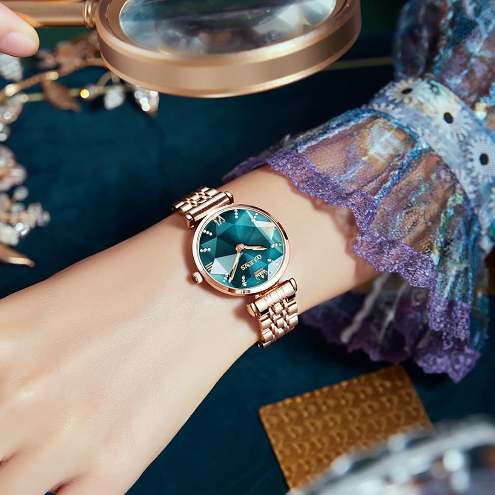 OLEVS 6642 Prism Cut Crystal Watch Rose Gold Stainless Steel Japan Quartz Timepiece for Women - Olevs Watch Store