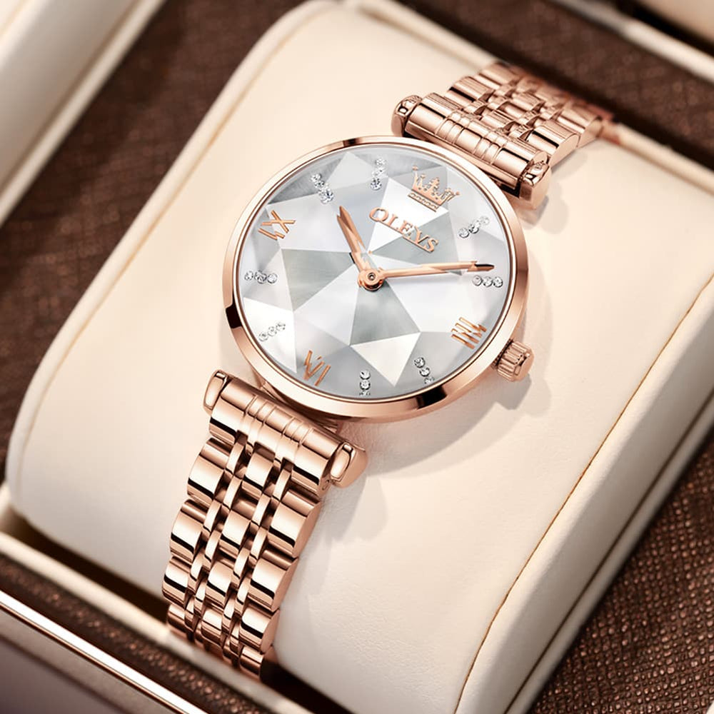OLEVS 6642 Prism Cut Crystal Watch Rose Gold Stainless Steel Japan Quartz Timepiece for Women - Olevs Watch Store