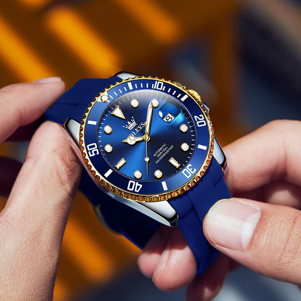 OLEVS 6650 Silicone Automatic Mechanical Dive Watch for Men - black gold Watch | Olevs Watch Store