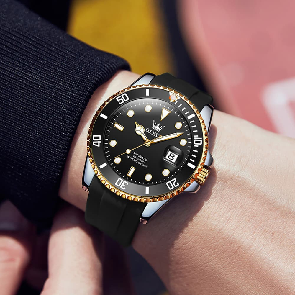 OLEVS 6650 Silicone Automatic Mechanical Dive Watch for Men - black gold Watch | Olevs Watch Store