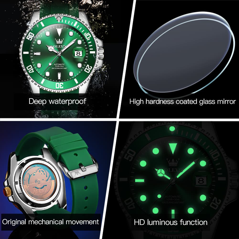 OLEVS 6650 Silicone Automatic Mechanical Dive Watch for Men - black gold Watch | Olevs Watch Store