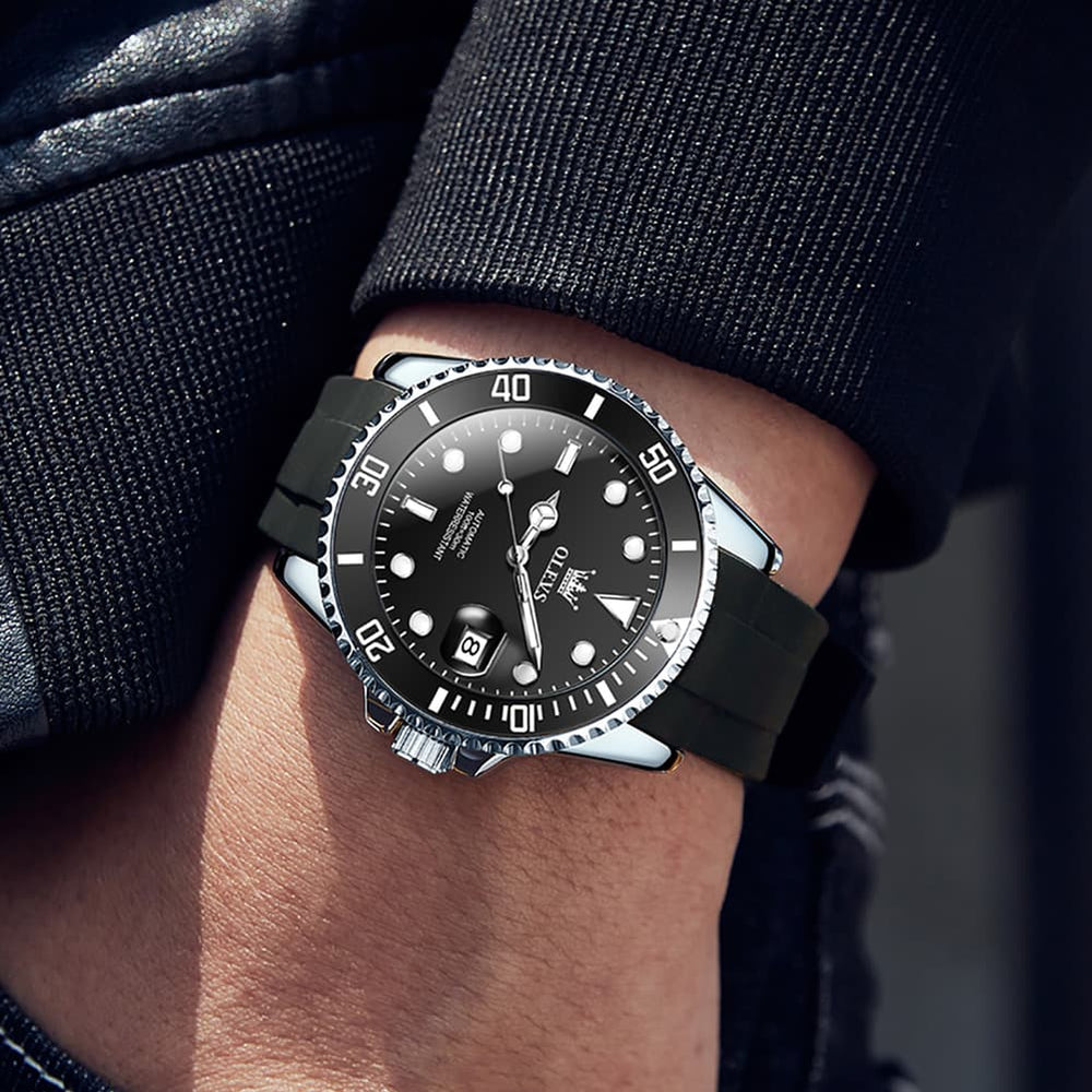 OLEVS 6650 Silicone Automatic Mechanical Dive Watch for Men - black gold Watch | Olevs Watch Store