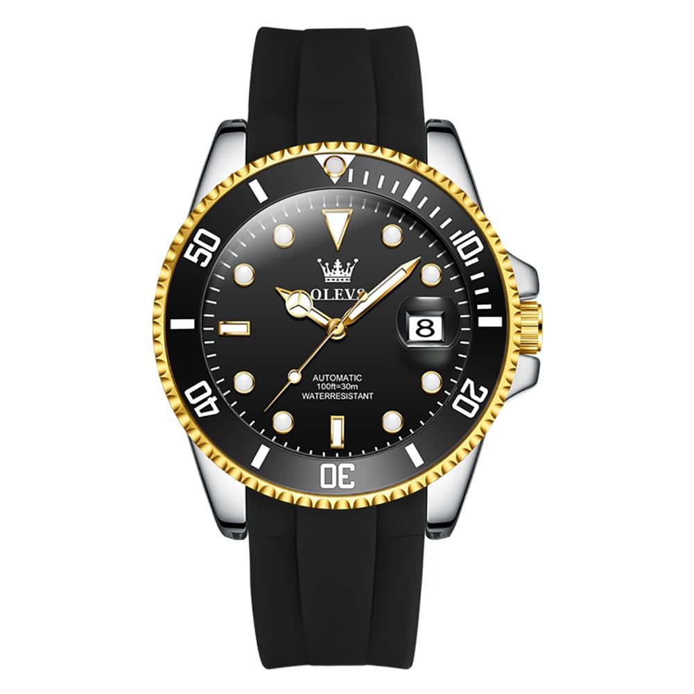 OLEVS 6650 Silicone Automatic Mechanical Dive Watch for Men - black gold Watch | Olevs Watch Store