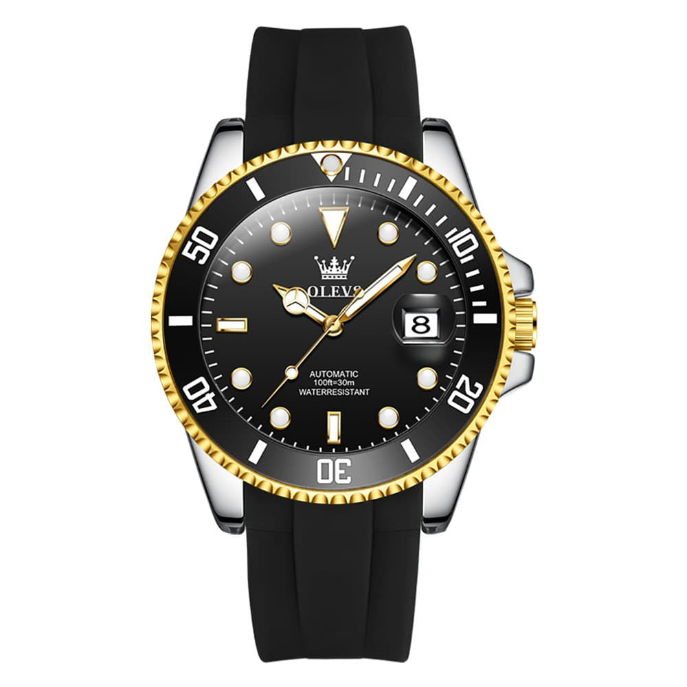 OLEVS 6650 Silicone Automatic Mechanical Dive Watch for Men - black gold Watch | Olevs Watch Store