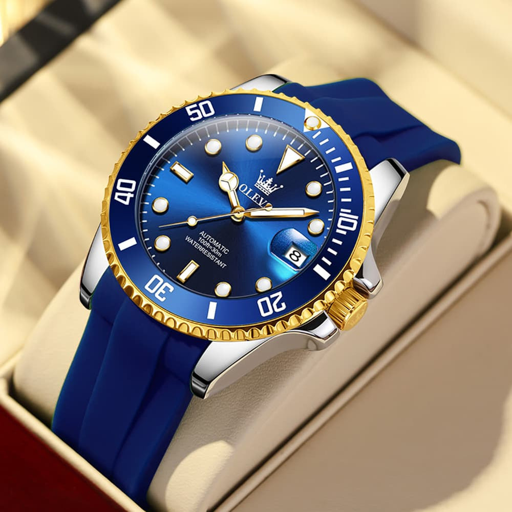 OLEVS 6650 Silicone Automatic Mechanical Dive Watch for Men - black gold Watch | Olevs Watch Store