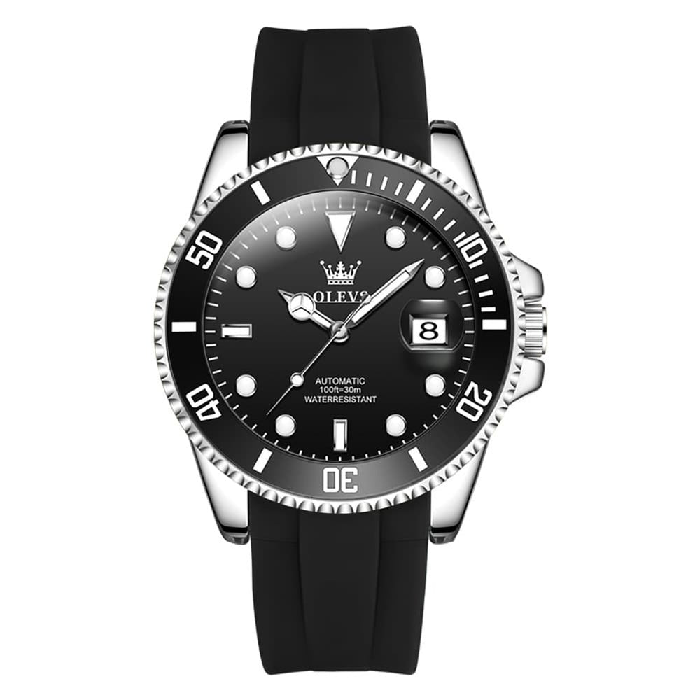 OLEVS 6650 Silicone Automatic Mechanical Dive Watch for Men - Black Silver Watch | Olevs Watch Store
