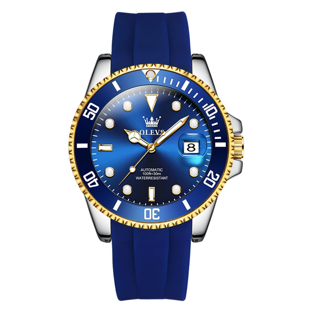 OLEVS 6650 Silicone Automatic Mechanical Dive Watch for Men - Blue Gold Watch | Olevs Watch Store