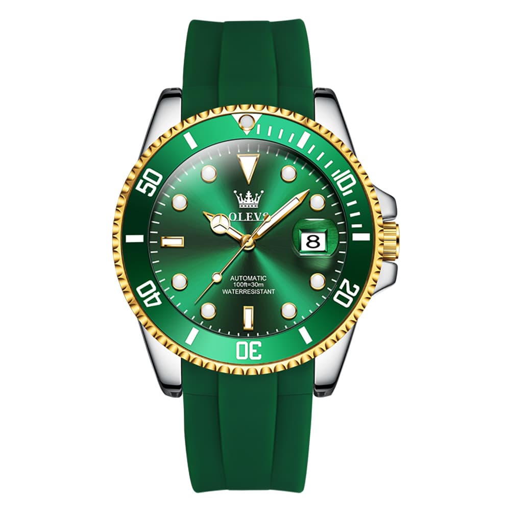 OLEVS 6650 Silicone Automatic Mechanical Dive Watch for Men - Green Gold Watch | Olevs Watch Store