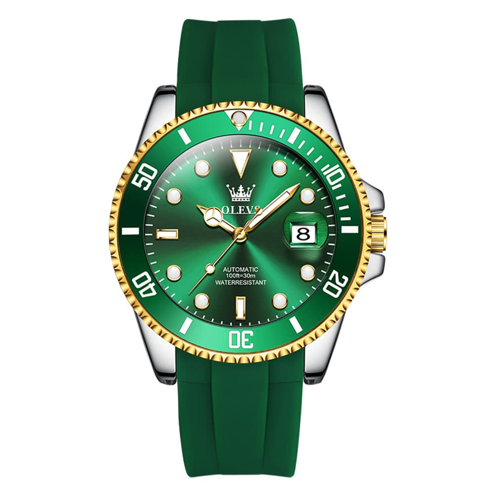 OLEVS 6650 Silicone Automatic Mechanical Dive Watch for Men - Green Gold Watch | Olevs Watch Store