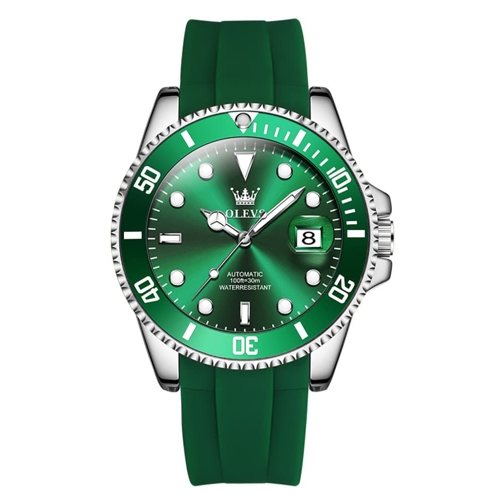 OLEVS 6650 Silicone Automatic Mechanical Dive Watch for Men - Green Silver Watch | Olevs Watch Store