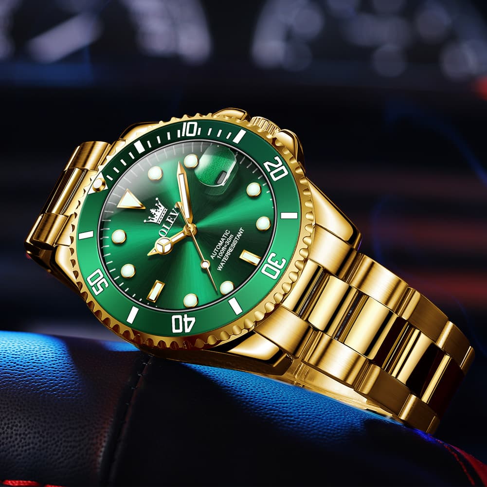 OLEVS 6650 Stainless Steel Mechanical Dive Watch for Men - Gold Black Watch | Olevs Watch Store