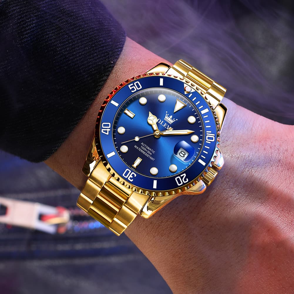 OLEVS 6650 Stainless Steel Mechanical Dive Watch for Men - Gold Black Watch | Olevs Watch Store