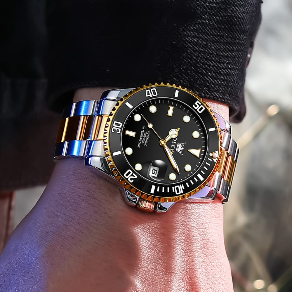OLEVS 6650 Stainless Steel Mechanical Dive Watch for Men - Gold Black Watch | Olevs Watch Store