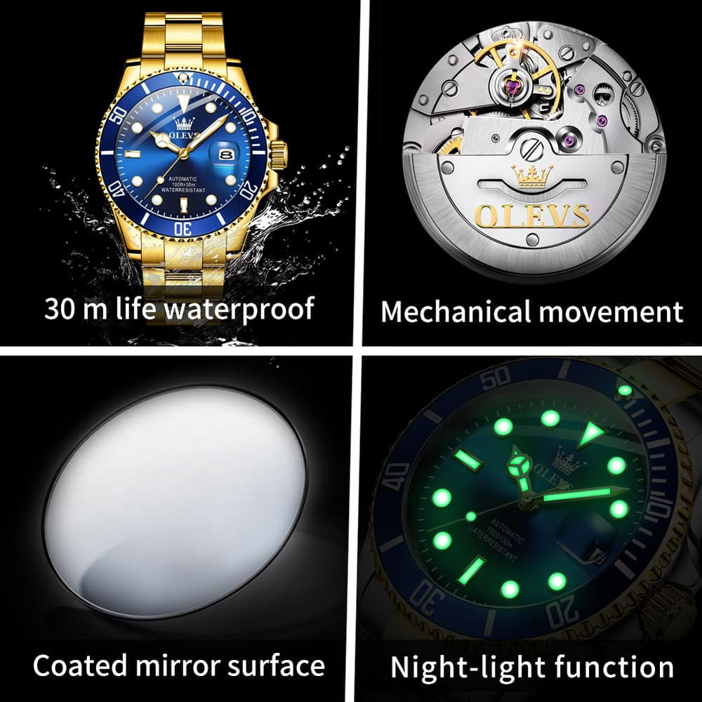 OLEVS 6650 Stainless Steel Mechanical Dive Watch for Men - Gold Black Watch | Olevs Watch Store