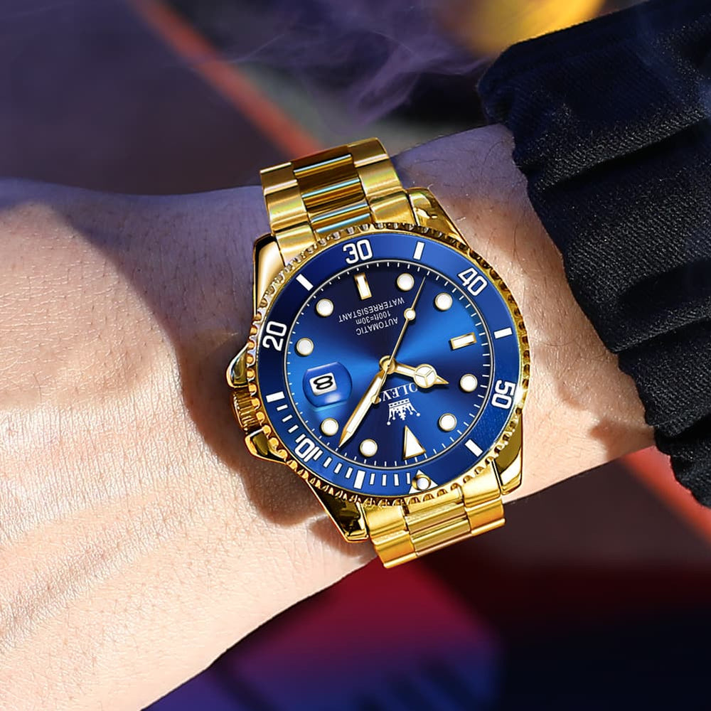 OLEVS 6650 Stainless Steel Mechanical Dive Watch for Men - Gold Black Watch | Olevs Watch Store