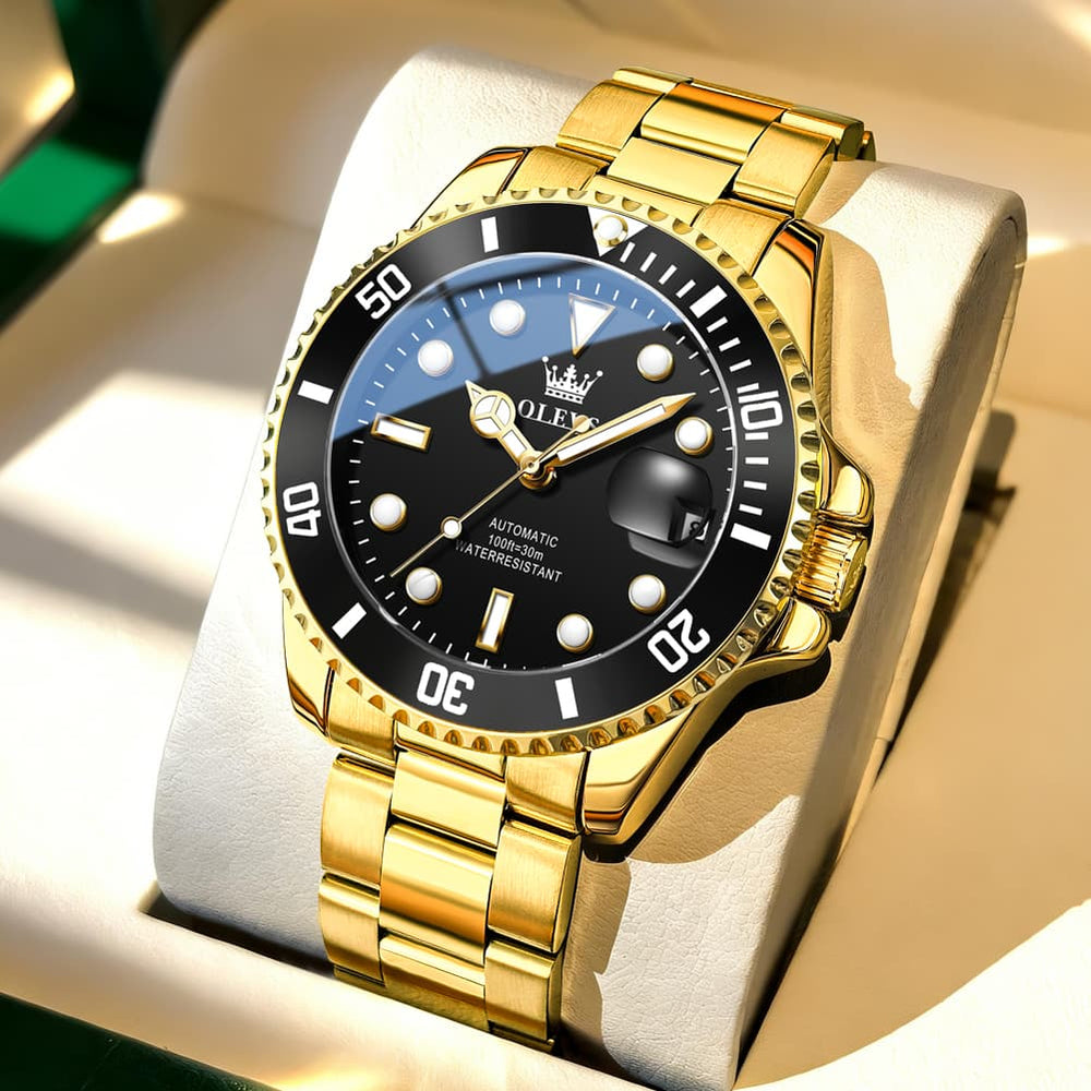 OLEVS 6650 Stainless Steel Mechanical Dive Watch for Men - Gold Black Watch | Olevs Watch Store