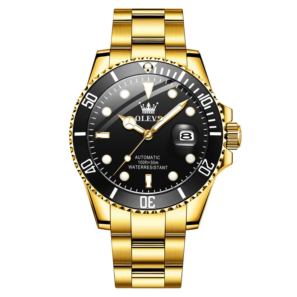 OLEVS 6650 Stainless Steel Mechanical Dive Watch for Men - Gold Black Watch | Olevs Watch Store